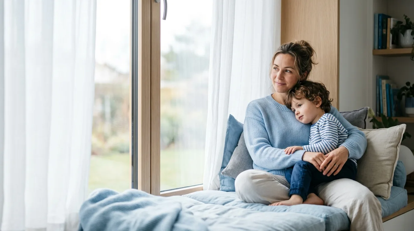 A calm parent holding their young child close on a sunlit window seat, a moment of nervous-system safety and connection.